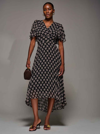 Angel Sleeve Pleated Chiffon Midaxi Dress, Black Geo
