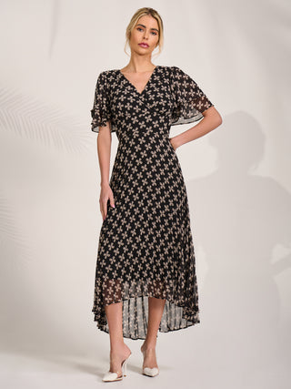 Angel Sleeve Pleated Chiffon Midaxi Dress, Black Geo