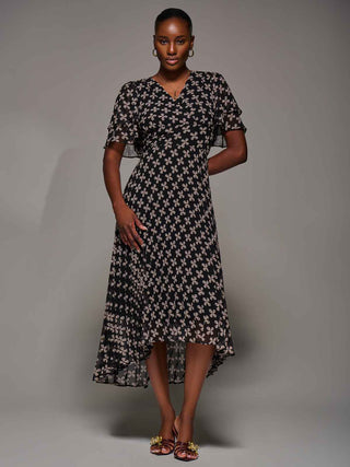 Angel Sleeve Pleated Chiffon Midaxi Dress, Black Geo