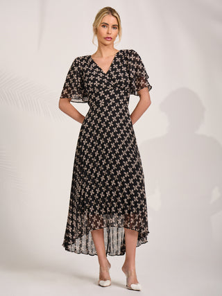Angel Sleeve Pleated Chiffon Midaxi Dress, Black Geo