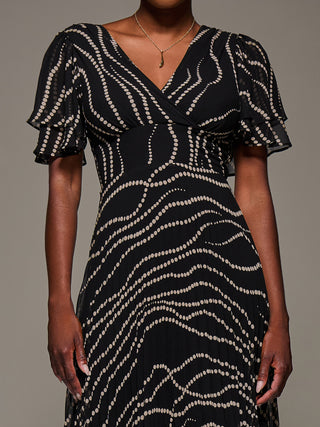 Angel Sleeve Pleated Chiffon Midaxi Dress, Black Spot