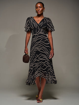 Angel Sleeve Pleated Chiffon Midaxi Dress, Black Spot
