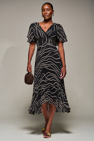 Angel Sleeve Pleated Chiffon Midaxi Dress, Black Spot