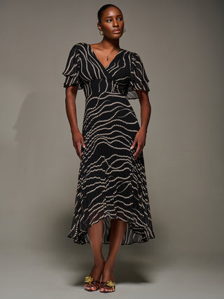 Angel Sleeve Pleated Chiffon Midaxi Dress, Black Spot