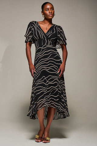 Angel Sleeve Pleated Chiffon Midaxi Dress, Black Spot