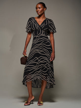 Angel Sleeve Pleated Chiffon Midaxi Dress, Black Spot