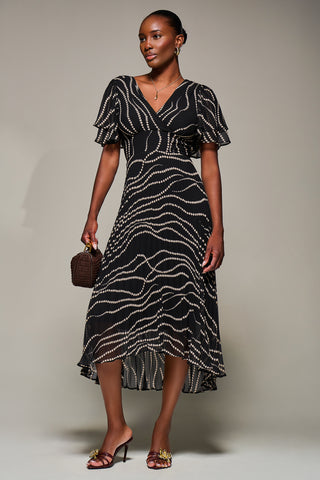 Angel Sleeve Pleated Chiffon Midaxi Dress, Black Spot