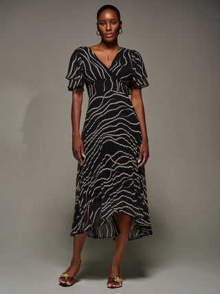 Angel Sleeve Pleated Chiffon Midaxi Dress, Black Spot