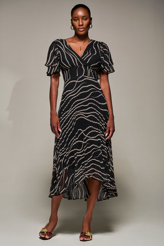 Angel Sleeve Pleated Chiffon Midaxi Dress, Black Spot