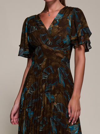 Angel Sleeve Pleated Chiffon Midaxi Dress, Brown Abstract