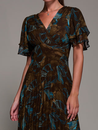Angel Sleeve Pleated Chiffon Midaxi Dress, Brown Abstract