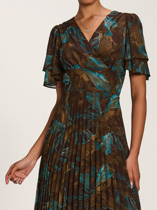 Angel Sleeve Pleated Chiffon Midaxi Dress, Brown Abstract