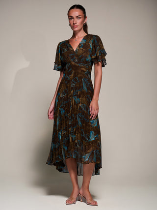 Angel Sleeve Pleated Chiffon Midaxi Dress, Brown Abstract