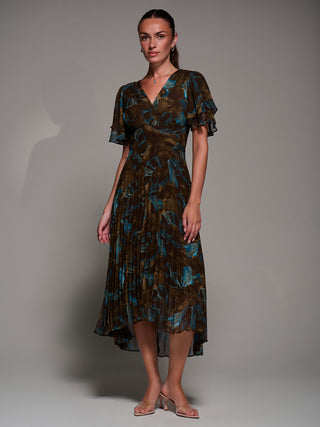 Angel Sleeve Pleated Chiffon Midaxi Dress, Brown Abstract