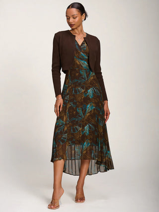 Angel Sleeve Pleated Chiffon Midaxi Dress, Brown Abstract