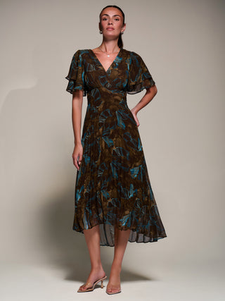 Angel Sleeve Pleated Chiffon Midaxi Dress, Brown Abstract