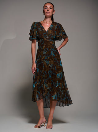 Angel Sleeve Pleated Chiffon Midaxi Dress, Brown Abstract