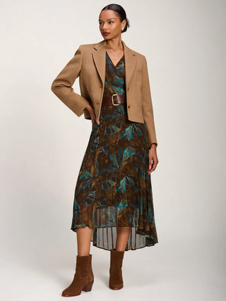 Angel Sleeve Pleated Chiffon Midaxi Dress, Brown Abstract