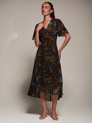 Angel Sleeve Pleated Chiffon Midaxi Dress, Brown Abstract