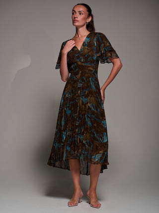 Angel Sleeve Pleated Chiffon Midaxi Dress, Brown Abstract