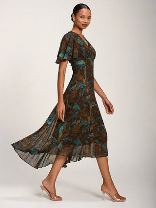 Angel Sleeve Pleated Chiffon Midaxi Dress, Brown Abstract