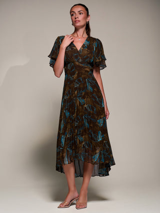 Angel Sleeve Pleated Chiffon Midaxi Dress, Brown Abstract