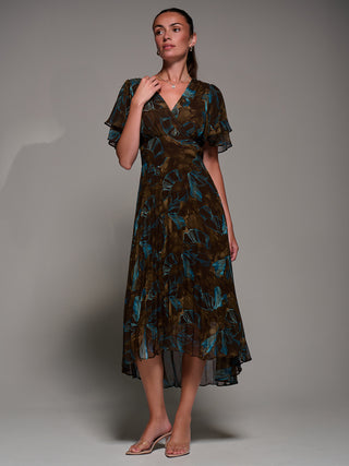 Angel Sleeve Pleated Chiffon Midaxi Dress, Brown Abstract