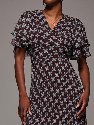 Angel Sleeve Pleated Chiffon Midaxi Dress, Brown Geo