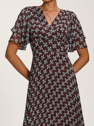 Angel Sleeve Pleated Chiffon Midaxi Dress, Brown Geo