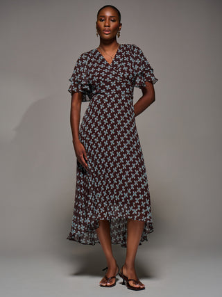 Angel Sleeve Pleated Chiffon Midaxi Dress, Brown Geo