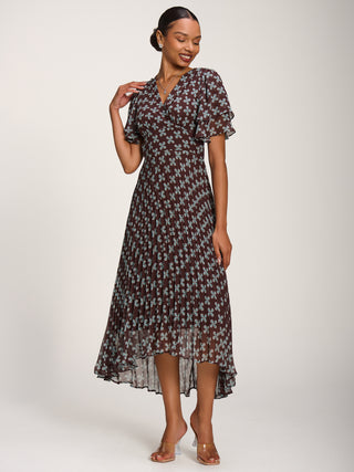 Angel Sleeve Pleated Chiffon Midaxi Dress, Brown Geo