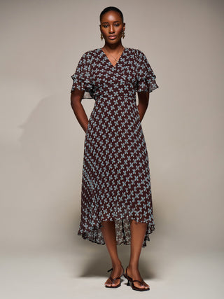 Angel Sleeve Pleated Chiffon Midaxi Dress, Brown Geo