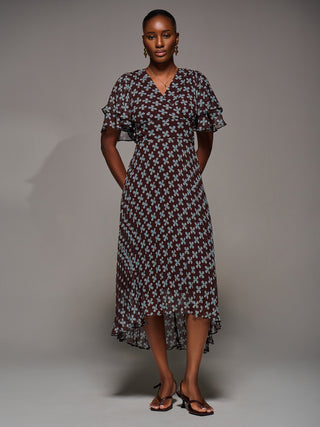 Angel Sleeve Pleated Chiffon Midaxi Dress, Brown Geo