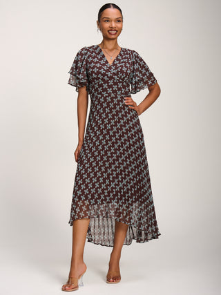 Angel Sleeve Pleated Chiffon Midaxi Dress, Brown Geo