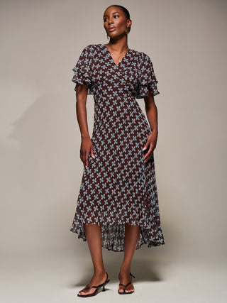 Angel Sleeve Pleated Chiffon Midaxi Dress, Brown Geo