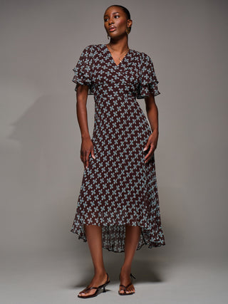 Angel Sleeve Pleated Chiffon Midaxi Dress, Brown Geo