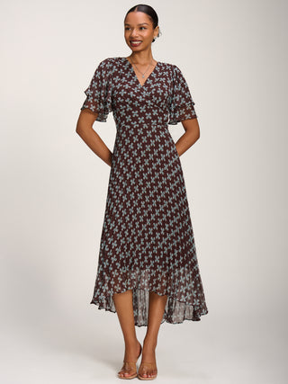 Angel Sleeve Pleated Chiffon Midaxi Dress, Brown Geo