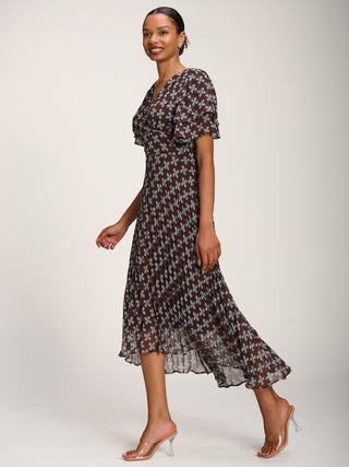 Angel Sleeve Pleated Chiffon Midaxi Dress, Brown Geo