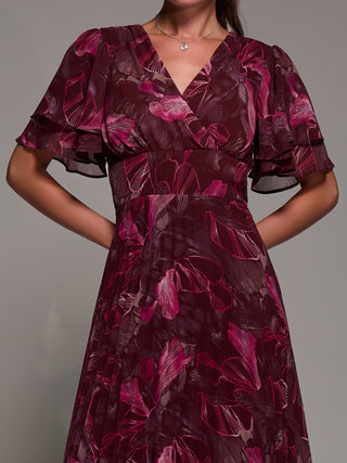 Angel Sleeve Pleated Chiffon Midaxi Dress, Burgundy Abstract
