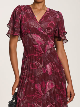Angel Sleeve Pleated Chiffon Midaxi Dress, Burgundy Abstract