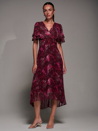 Angel Sleeve Pleated Chiffon Midaxi Dress, Burgundy Abstract