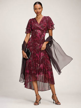 Angel Sleeve Pleated Chiffon Midaxi Dress, Burgundy Abstract