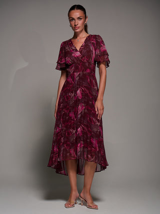Angel Sleeve Pleated Chiffon Midaxi Dress, Burgundy Abstract
