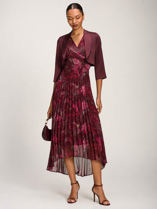 Angel Sleeve Pleated Chiffon Midaxi Dress, Burgundy Abstract