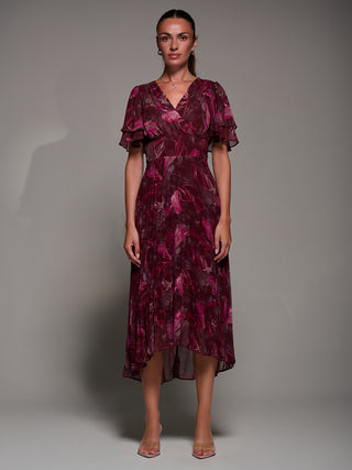 Angel Sleeve Pleated Chiffon Midaxi Dress, Burgundy Abstract