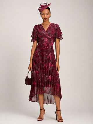 Angel Sleeve Pleated Chiffon Midaxi Dress, Burgundy Abstract