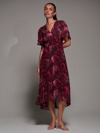 Angel Sleeve Pleated Chiffon Midaxi Dress, Burgundy Abstract
