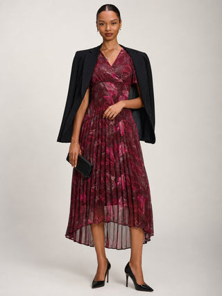 Angel Sleeve Pleated Chiffon Midaxi Dress, Burgundy Abstract