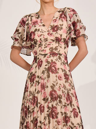 Angel Sleeve Pleated Chiffon Midaxi Dress, Cream Floral