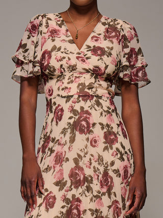 Angel Sleeve Pleated Chiffon Midaxi Dress, Cream Floral